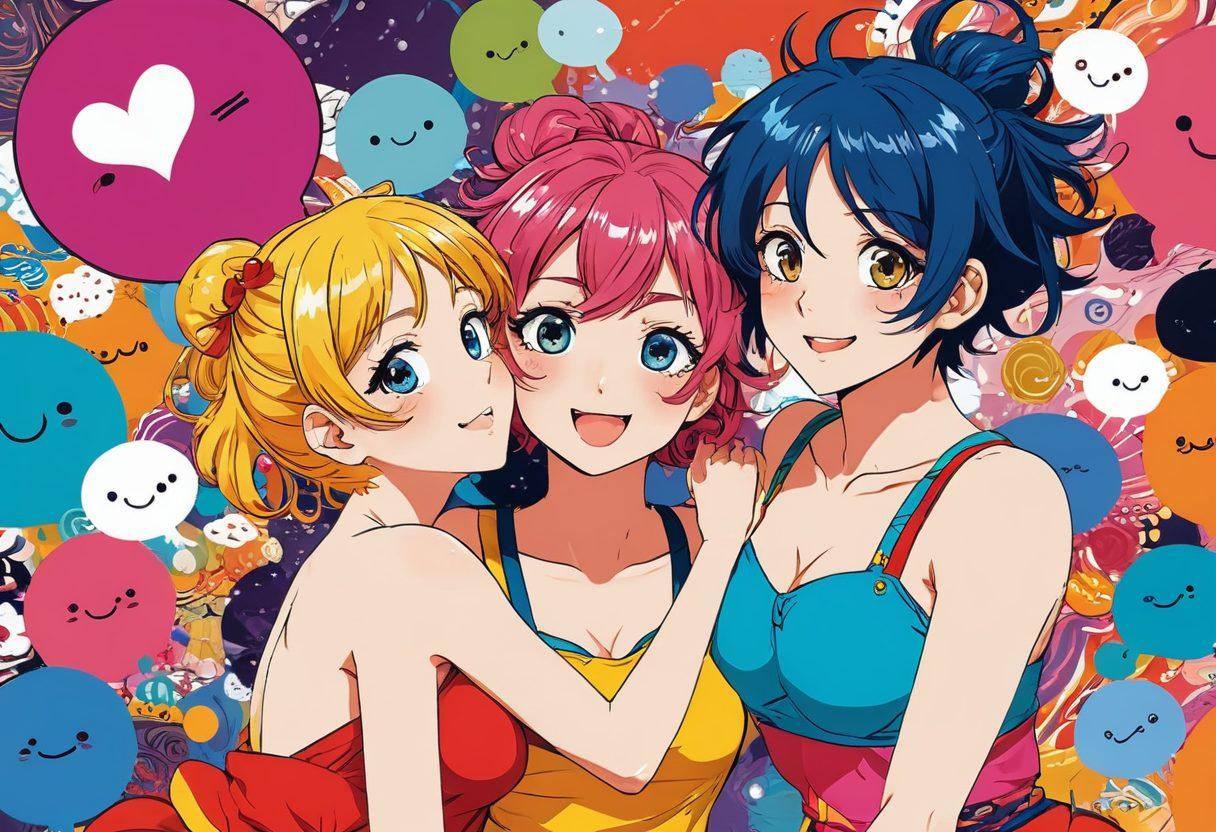 A whimsical scene depicting a playful blend of humor and sensuality in a colorful manga style, featuring exaggerated anime characters in hilarious and flirtatious poses. Incorporate elements like oversized dialogue bubbles with funny quotes, playful expressions, and a vibrant backdrop of abstract patterns that capture the essence of eroticism with a lighthearted twist. Emphasize bright, cheerful colors and a cartoonish art style. manga style, vibrant colors, playful designs.